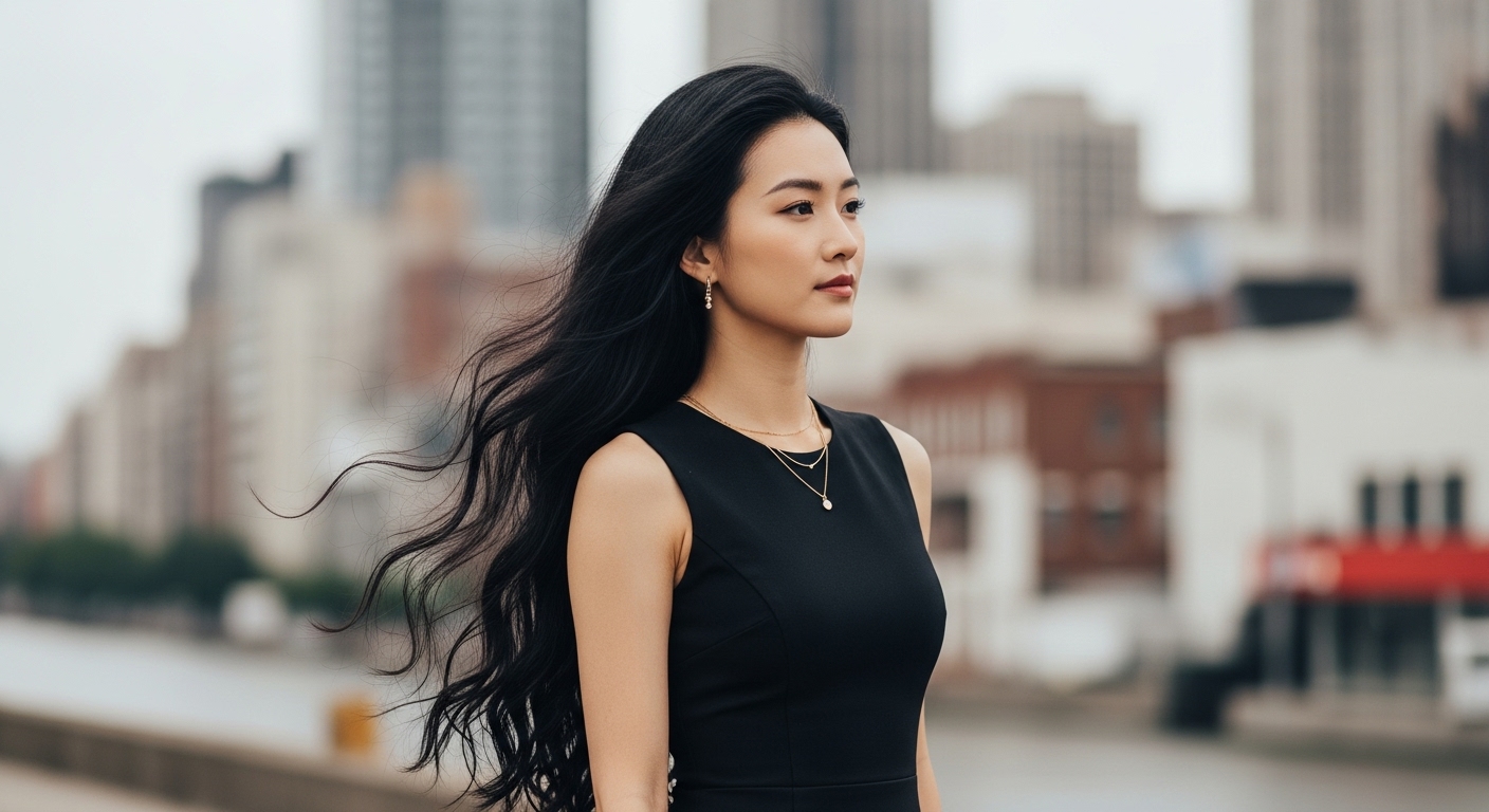 a woman with long black hair