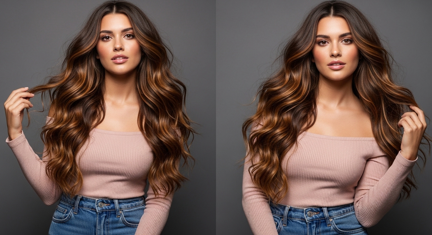 long wavy brown hair with highlights